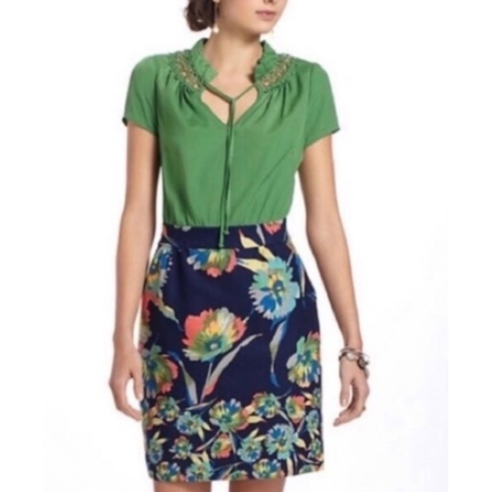 Tabitha Anthropologie Green Ruffle Lace Floral Skirt Pocket Dress Size 8